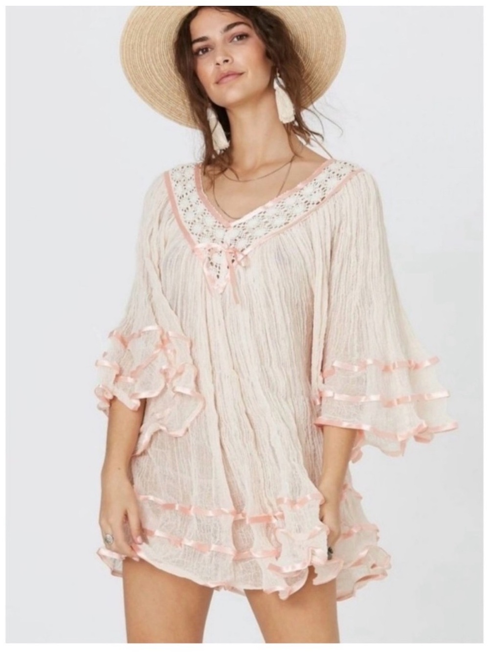 Jen's Pirate Booty ‘Janis’ Tunic with Peach Contrasting Satin Ribbon, One Size - Picture 3 of 8